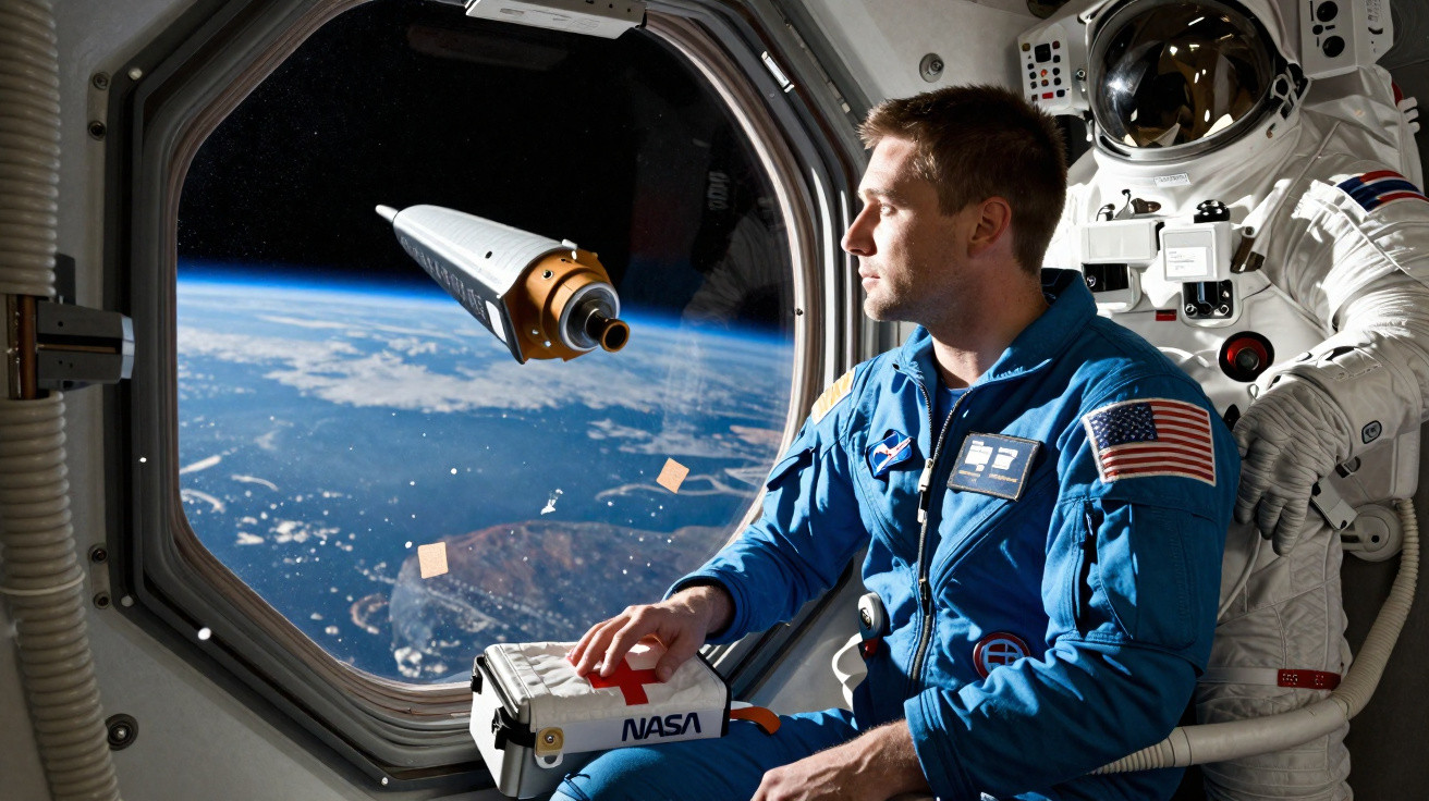 Astronauta da NASA em fato azul observa o espaço e uma cápsula espacial pela janela da estação.