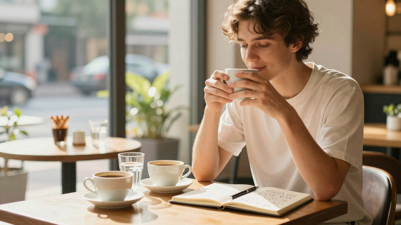 Jovem a beber uma chávena de café numa cafetaria, com caderno aberto e caneta na mesa à sua frente.