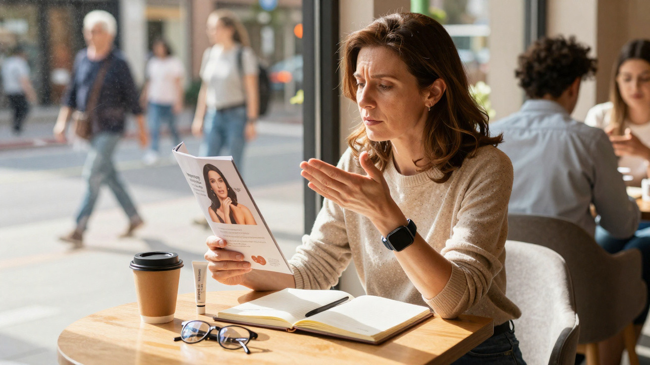 Mulher sentada numa cafetaria, a ler um folheto de cosméticos com mesa com caderno, óculos e café.