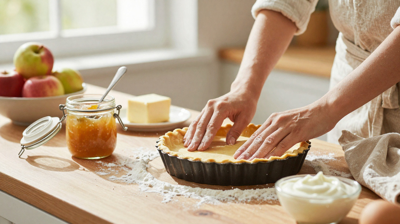 Mãos a preparar massa numa tarteira numa cozinha com ingredientes como manteiga, maçãs e compota sobre a bancada.
