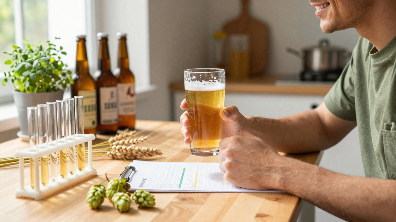 Pessoa a segurar copo de cerveja em mesa com amostras, lúpulo, espigas e garrafas numa cozinha iluminada.