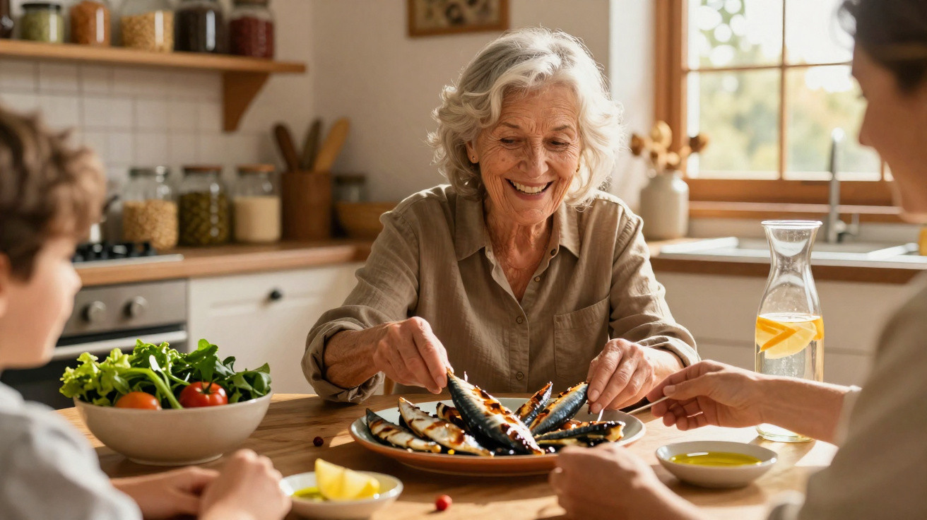 Senhora idosa sorridente a servir marisco numa mesa com família numa cozinha luminosa e acolhedora.