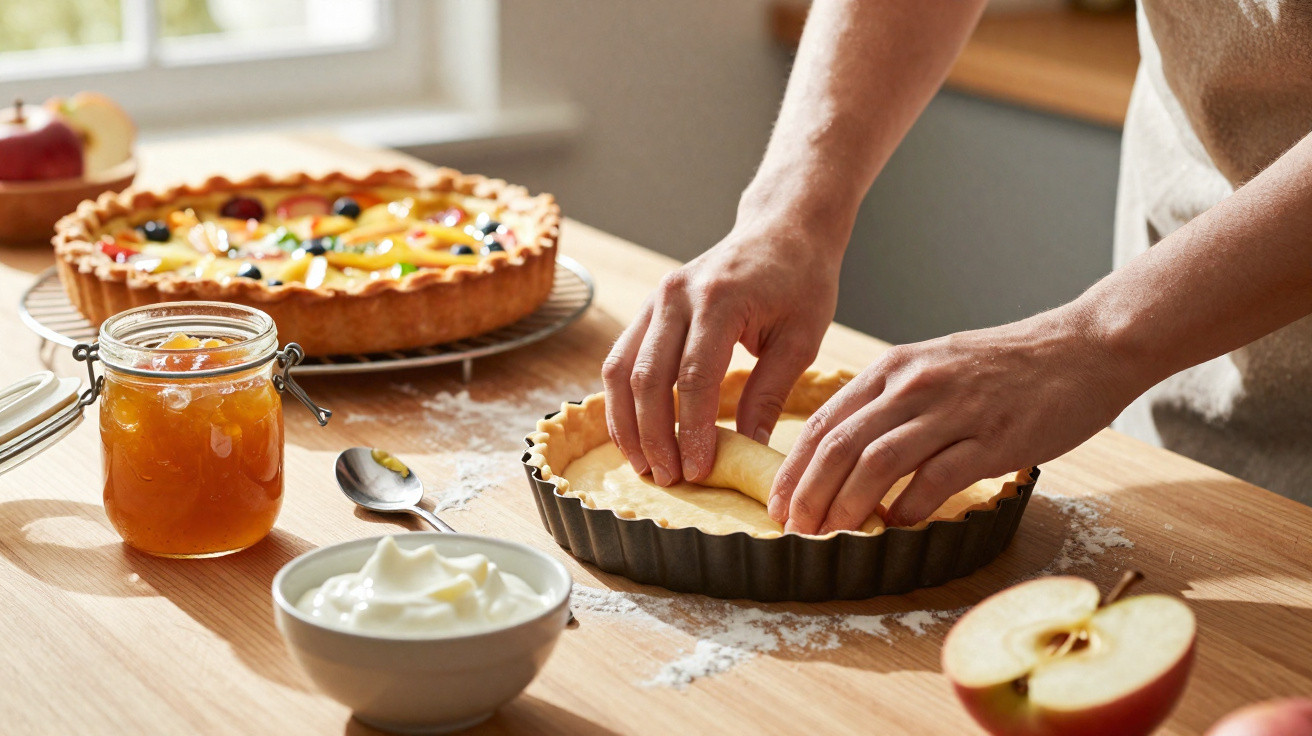Pessoa a preparar torta de maçã numa cozinha com ingredientes e uma tarte de fruta ao fundo.