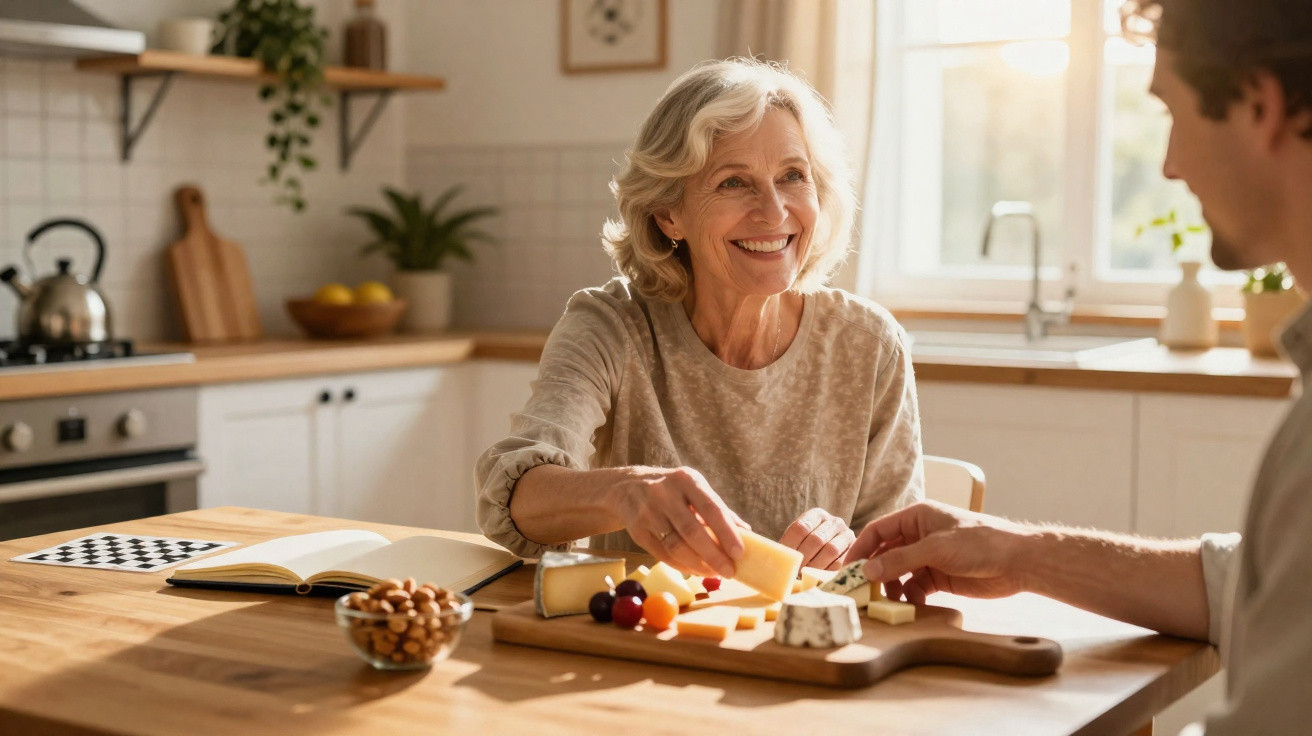 Senhora sorridente a partilhar queijos e frutos com outra pessoa numa cozinha iluminada.