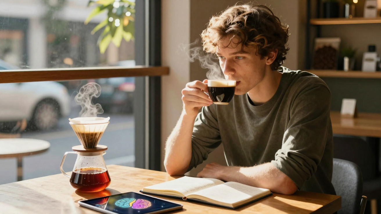 Homem jovem sentado a beber café e a ler um livro numa cafetaria iluminada pelo sol.