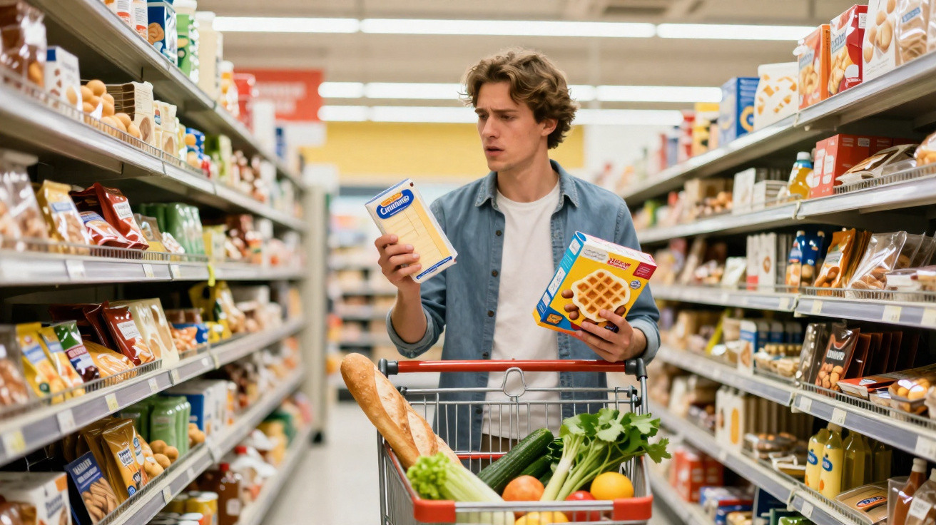 Homem a fazer compras no supermercado com carrinho cheio de legumes e pão, comparando dois produtos.