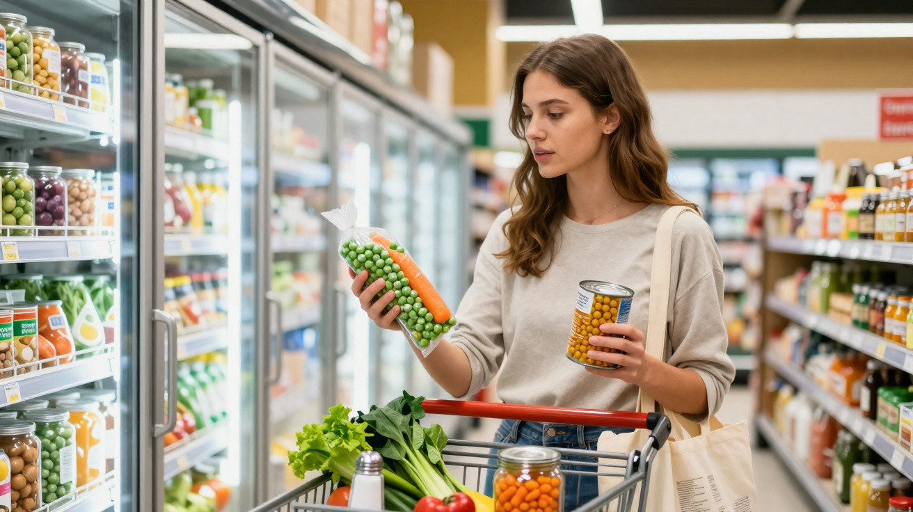 Mulher a escolher legumes enlatados e frescos no supermercado, com carrinho cheio de vegetais.