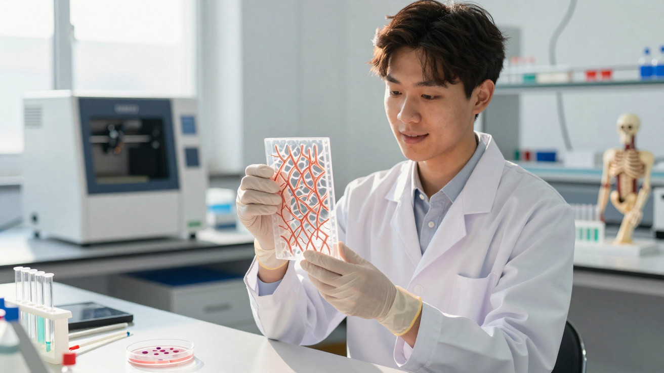 Cientista em laboratório a analisar uma placa transparente com modelo de vasos sanguíneos.