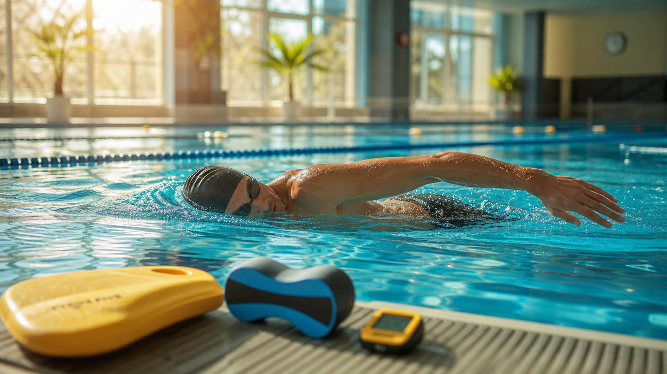 Homem a nadar em piscina interior com equipamentos de treino à beira da água.