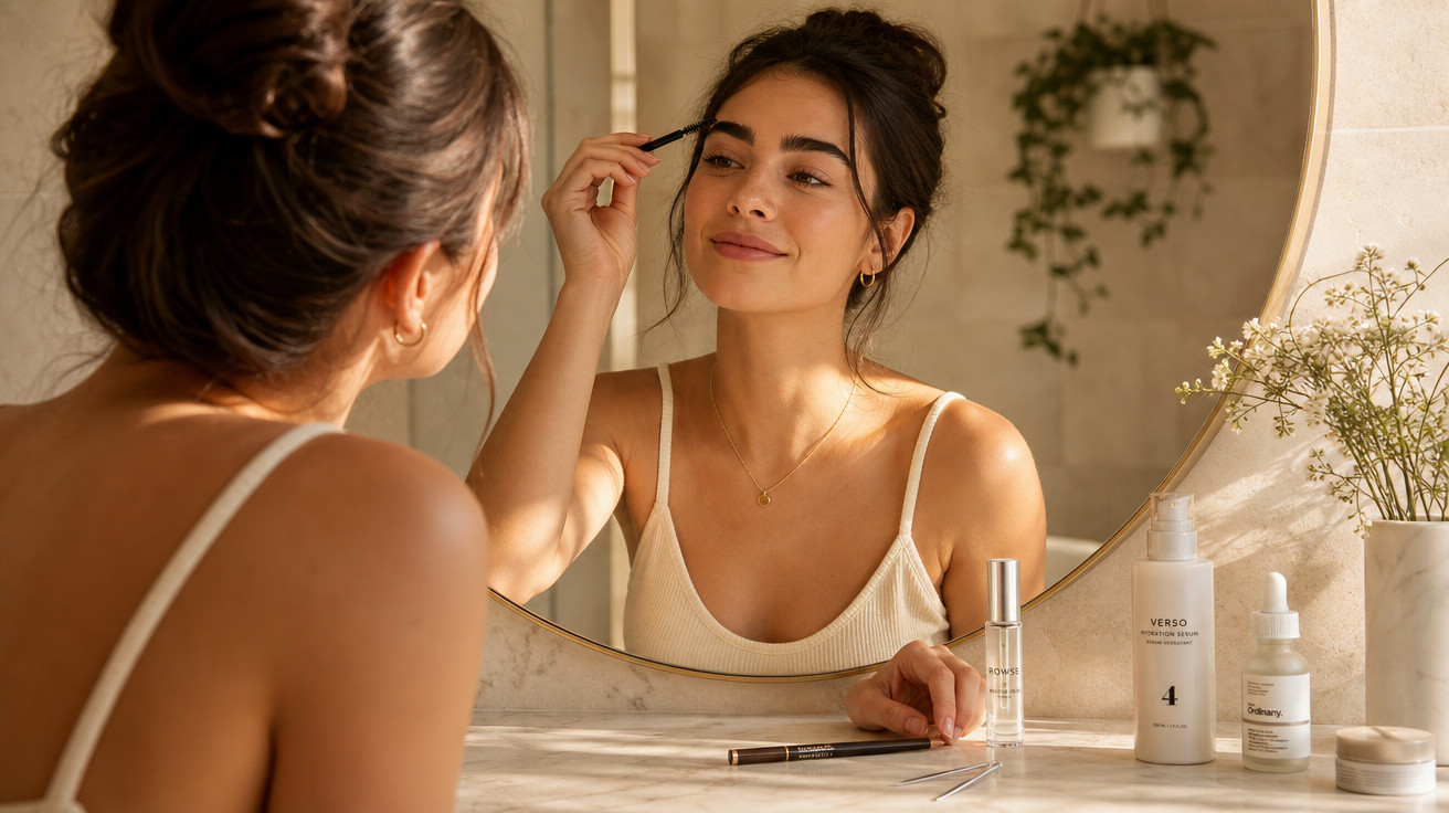Mulher a pentear as sobrancelhas em frente a um espelho com produtos de beleza numa mesa.