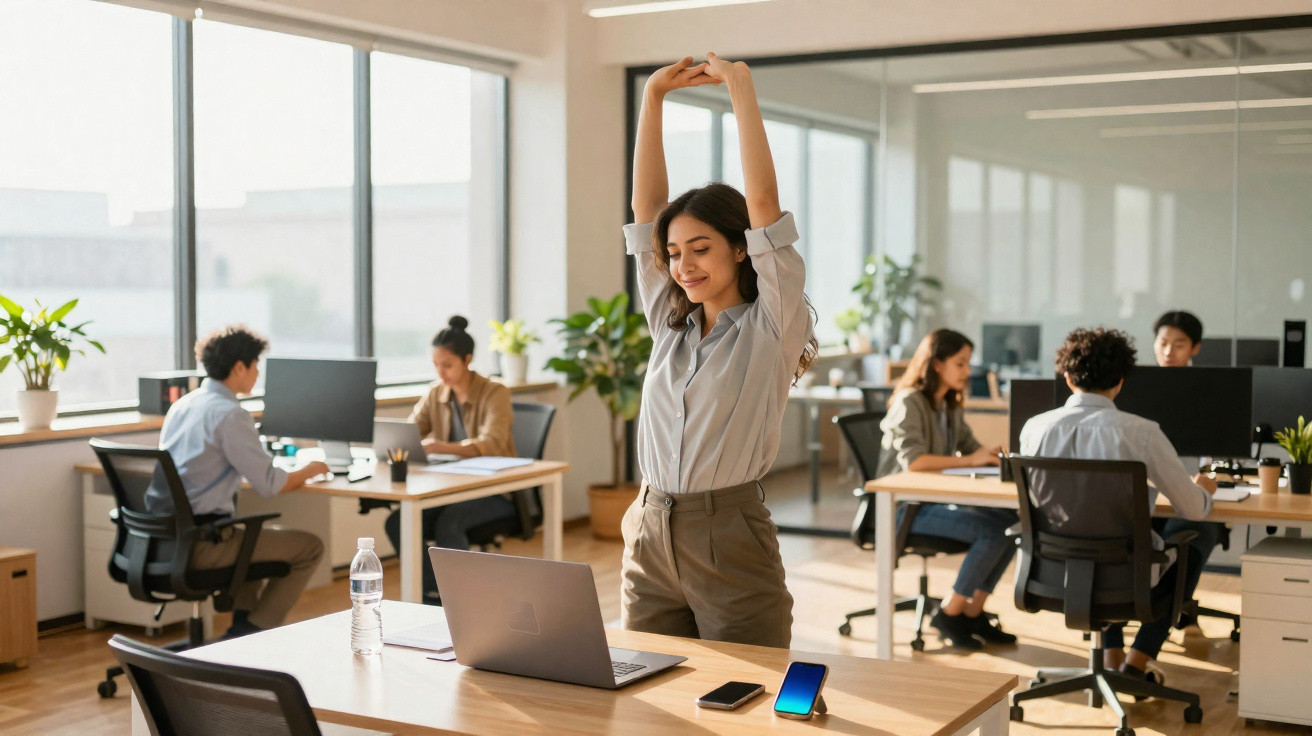 Mulher jovem a esticar os braços no escritório moderno com colegas a trabalhar ao fundo.