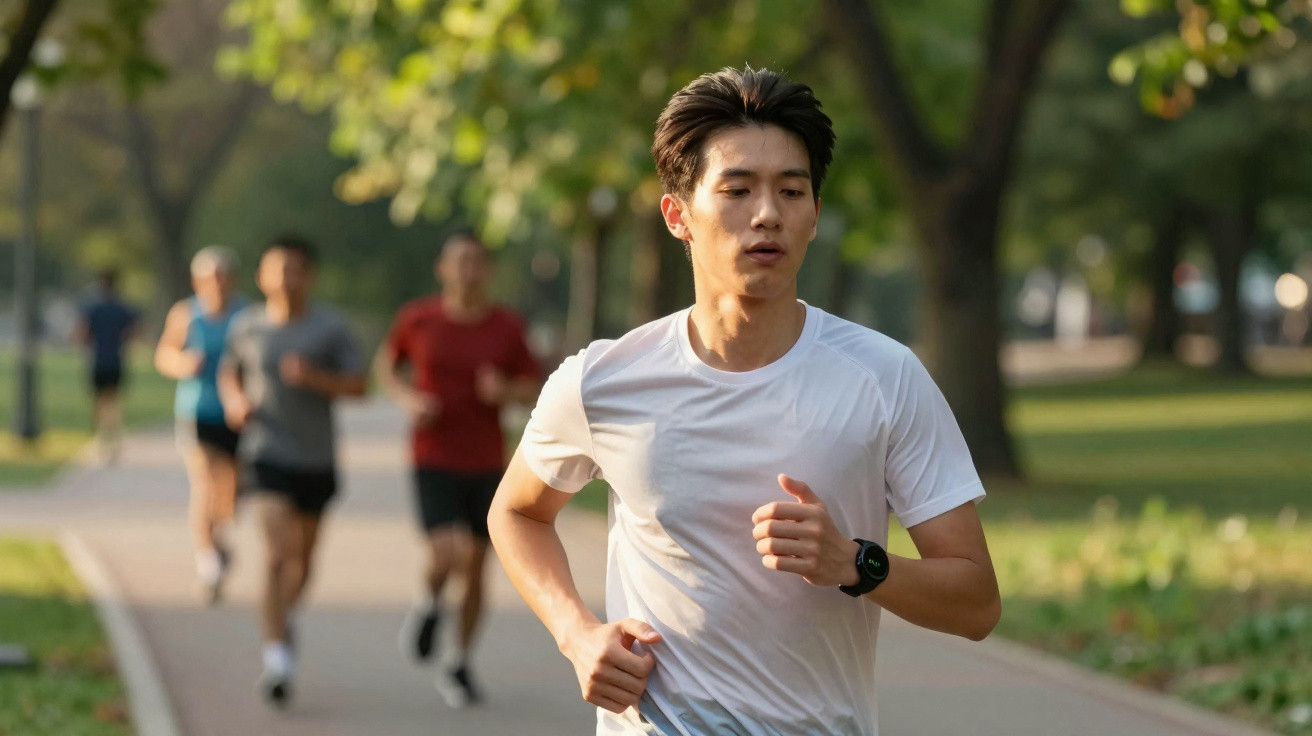 Jovem a correr ao ar livre num parque, com outras pessoas a correrem ao fundo numa manhã ensolarada.