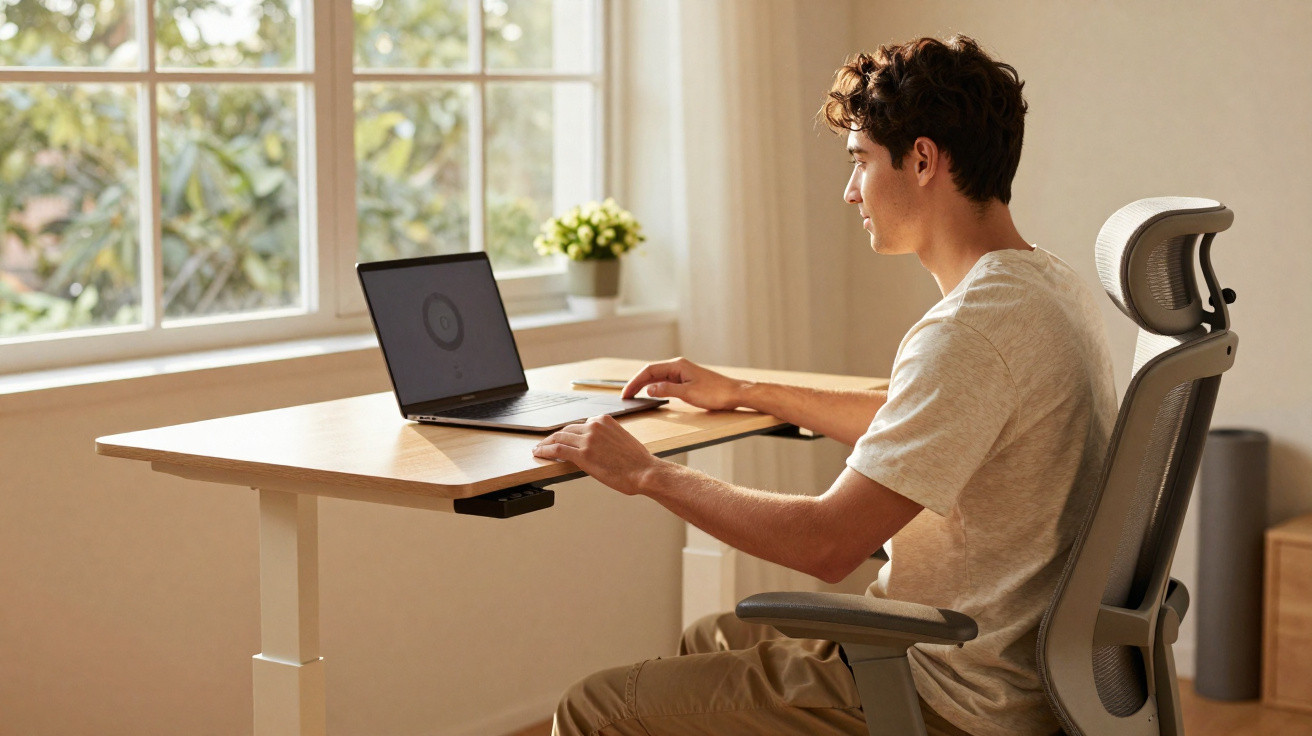 Jovem sentado numa cadeira ergonómica a trabalhar num portátil numa secretária com janela e plantas ao fundo.