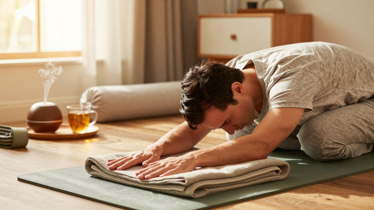 Homem está a fazer exercício de alongamento em tapete de yoga numa sala iluminada e acolhedora.