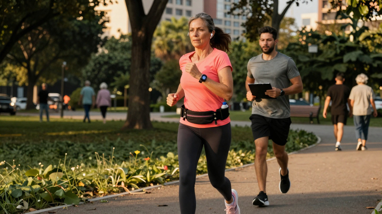 Mulher a correr num parque urbano durante o dia, seguida por homem com tablet a correr.