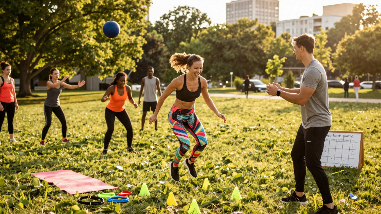 Grupo de pessoas a praticar exercício físico ao ar livre num parque urbano ao pôr do sol.