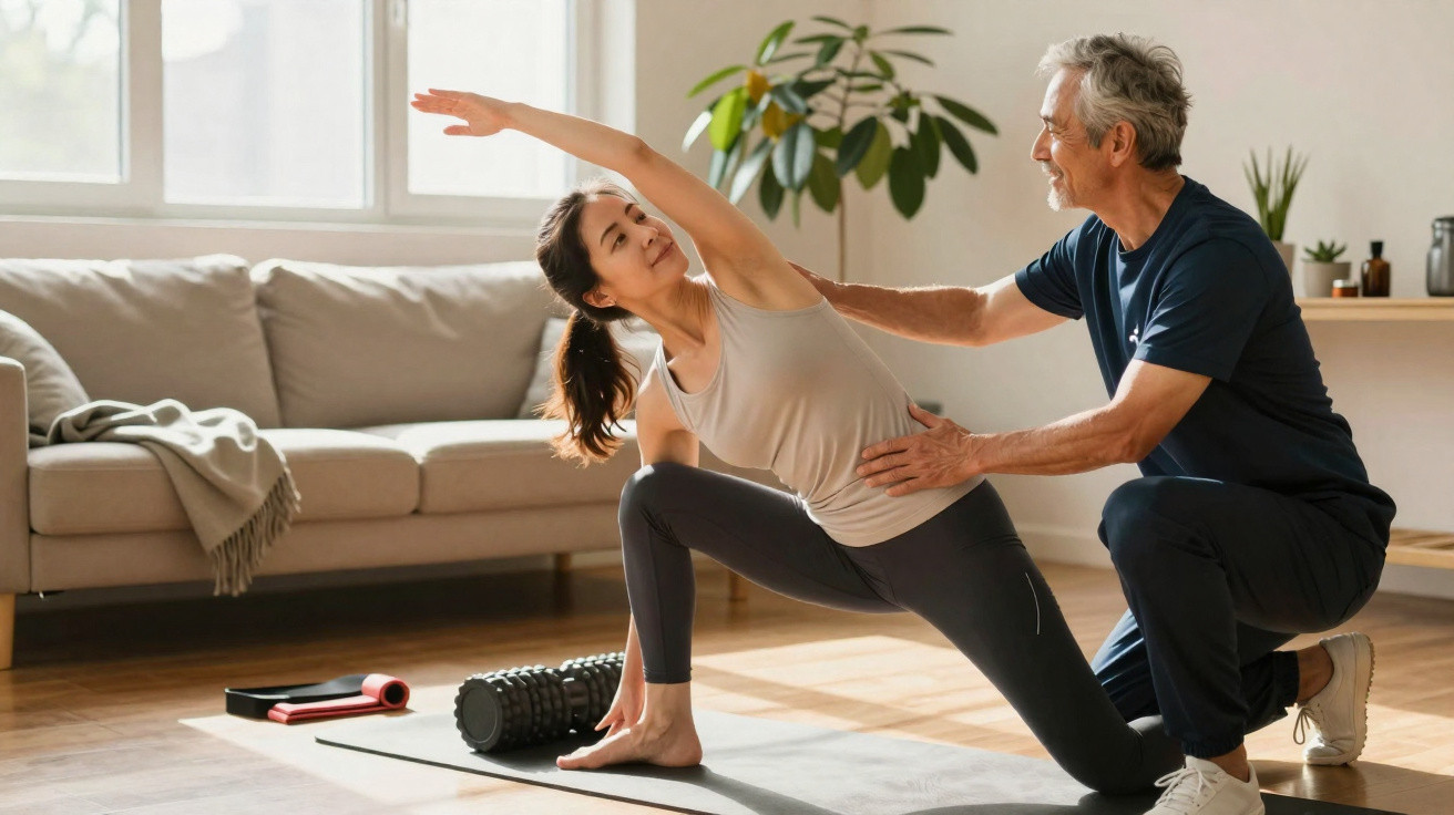 Mulher a fazer alongamento com ajuda de treinador num tapete de yoga numa sala iluminada.