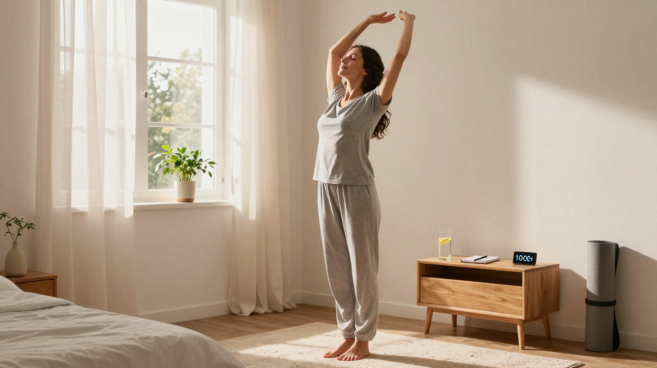Mulher de pijama cinzento a alongar-se na cama, com luz natural a entrar pela janela do quarto.