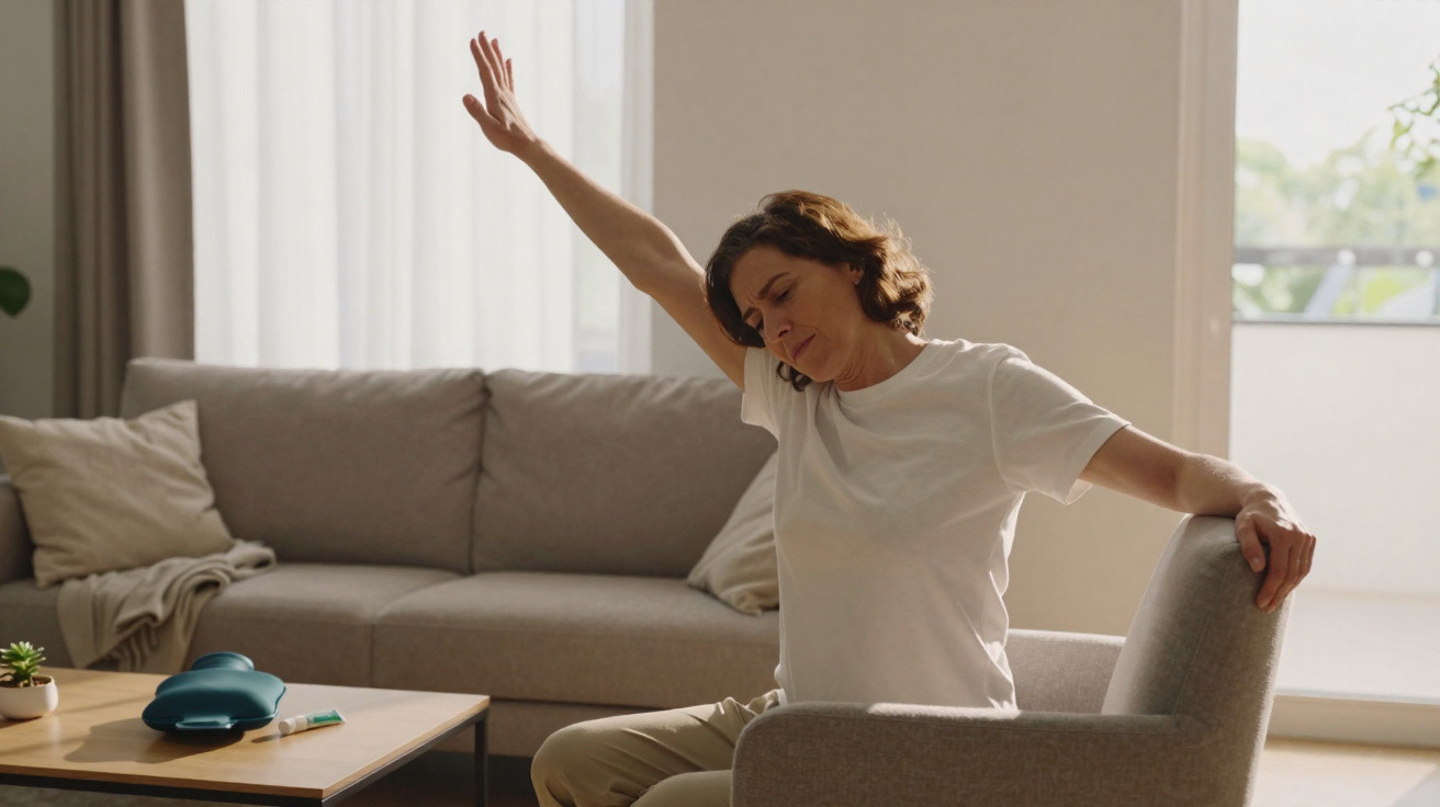 Mulher a alongar-se sentada numa cadeira numa sala de estar luminosa e confortável.