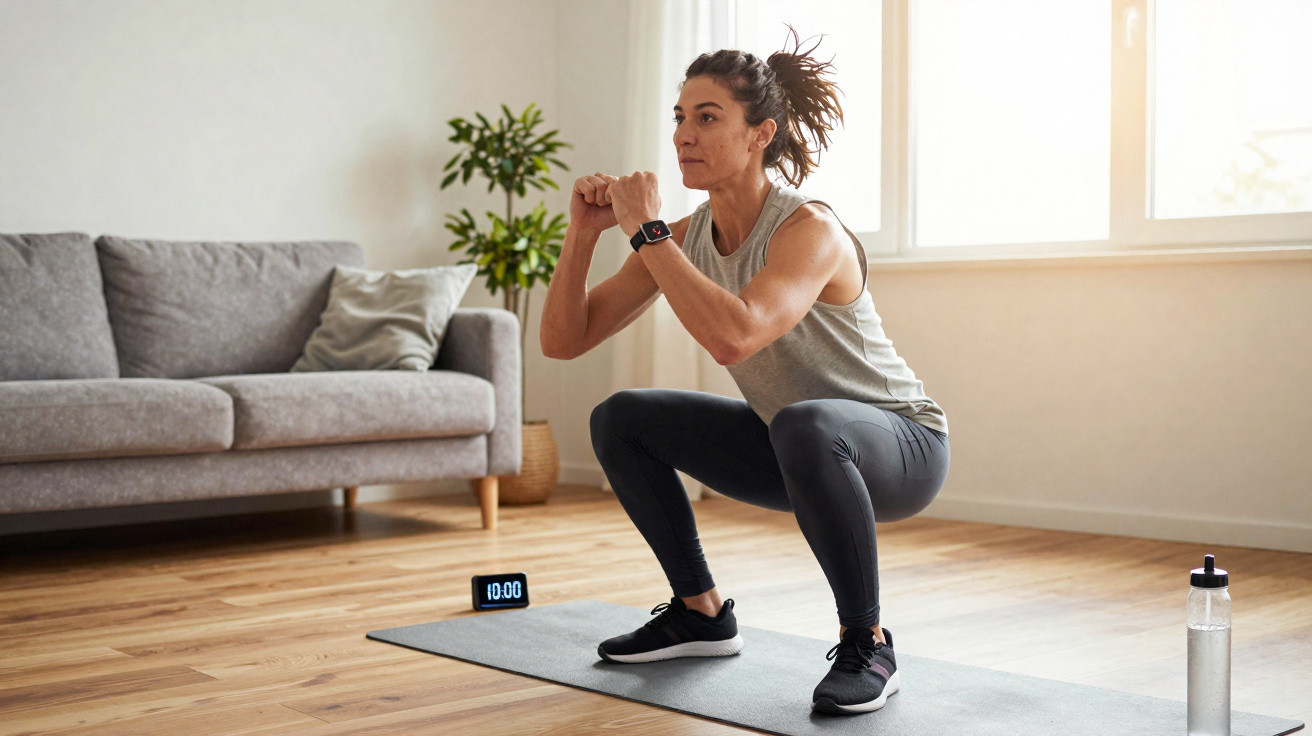 Mulher a fazer agachamentos numa sala com tapete de yoga, garrafa de água e relógio digital próximo.