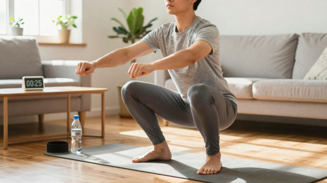 Pessoa a fazer agachamento em tapete de treino numa sala com sofá e plantas ao fundo.