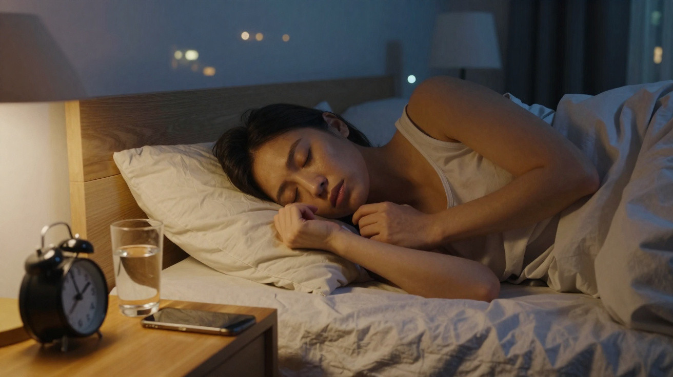 Mulher a dormir na cama à noite, com despertador, copo de água e telemóvel numa mesa de cabeceira.