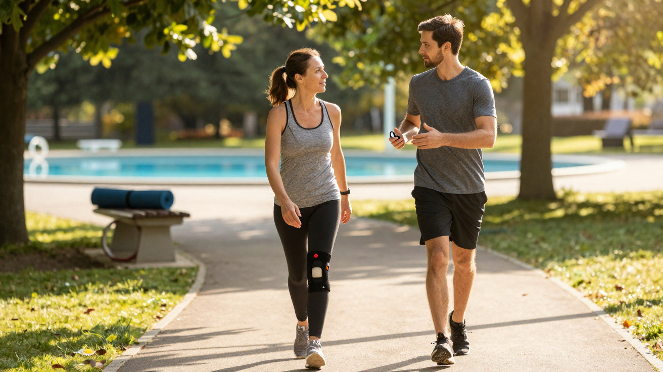 Casal jovem a caminhar e conversar num parque junto a uma piscina ao fim da tarde.