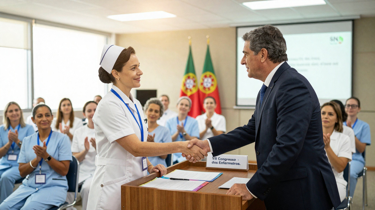 Enfermeira recebe prémio durante congresso, com audiência a aplaudir e bandeiras de Portugal ao fundo.