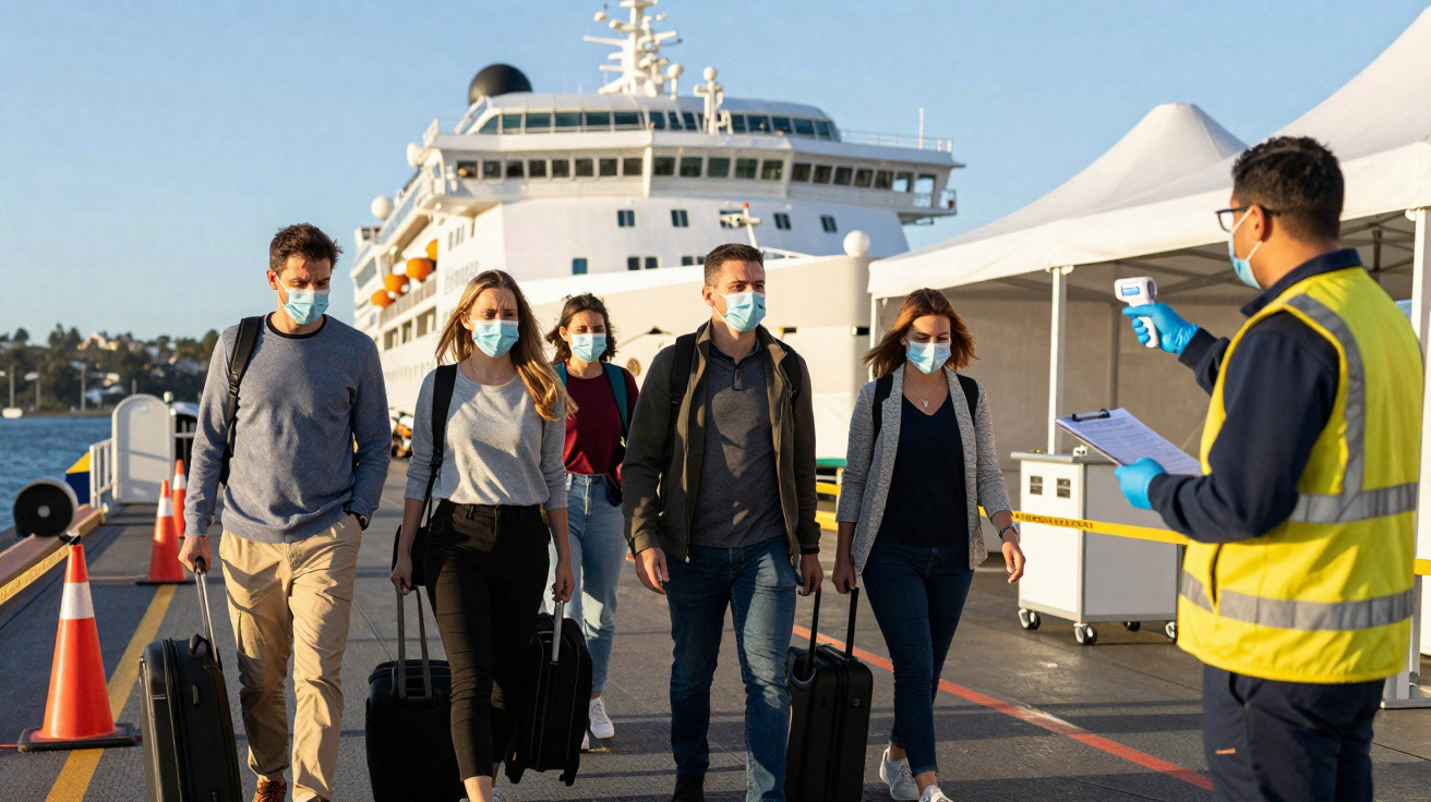 Passageiros com máscaras a ser controlados com termómetro antes de embarcar num cruzeiro.