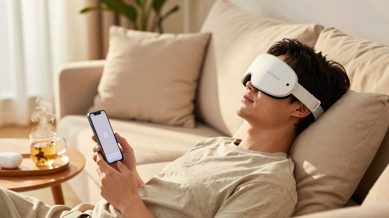 Jovem relaxa no sofá com máscara de descanso ocular e segura telemóvel numa mão.
