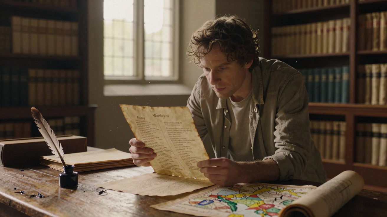 Homem sentado numa biblioteca antiga a ler um documento antigo com penas e mapas na mesa de madeira.
