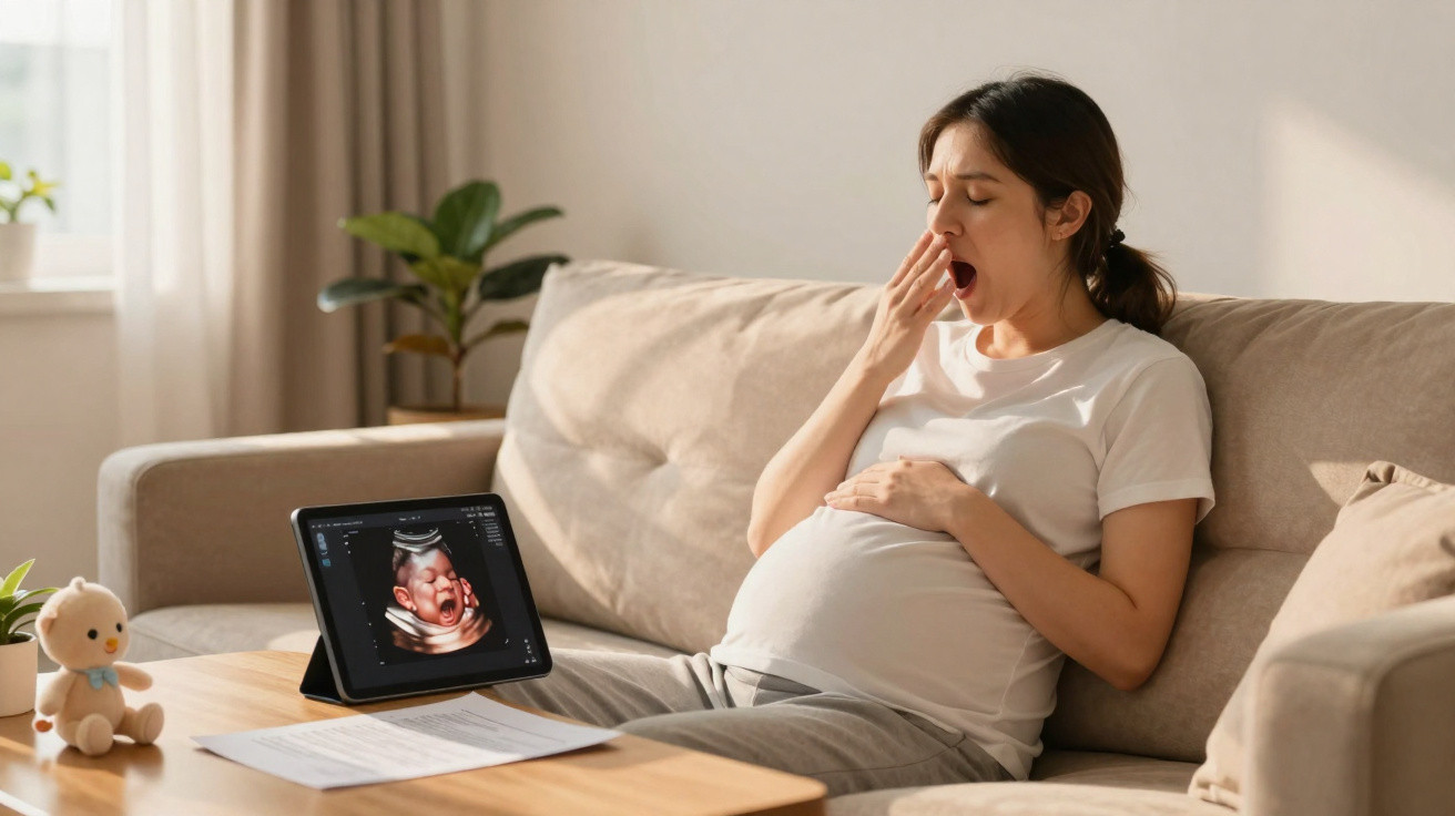 Mulher grávida a bocejar sentada no sofá com ecografia do bebé num tablet à frente.