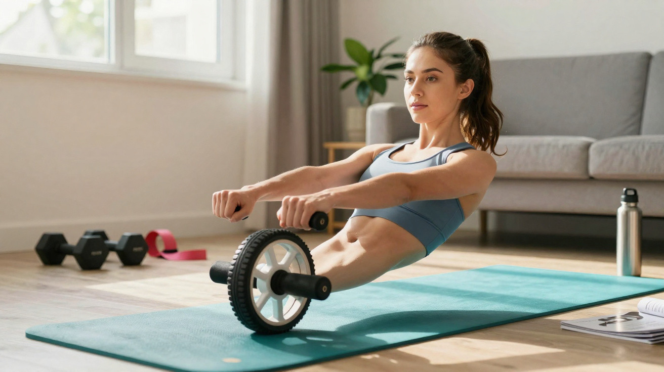 Mulher jovem a exercitar-se em casa com roda de exercícios abdominais sobre tapete de yoga.