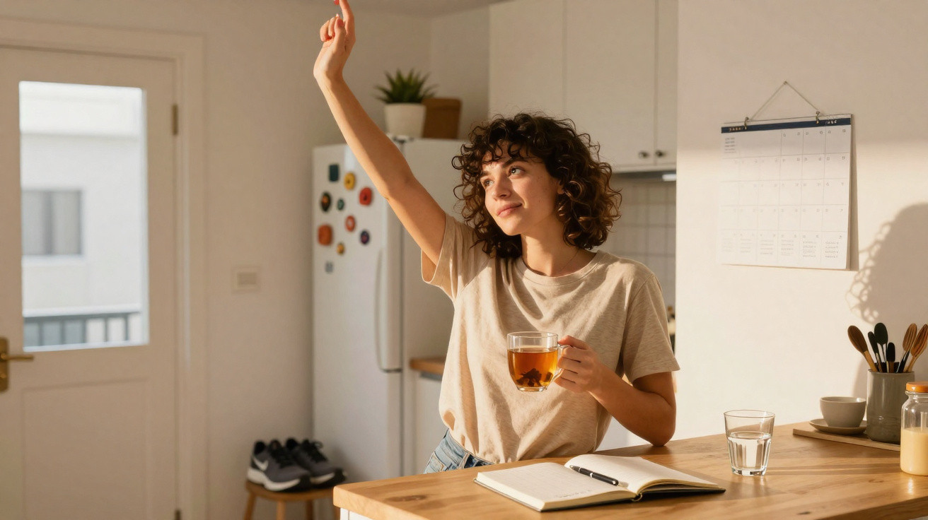 Mulher com chá na mão a olhar para cima e levantar o braço na cozinha iluminada pela manhã.