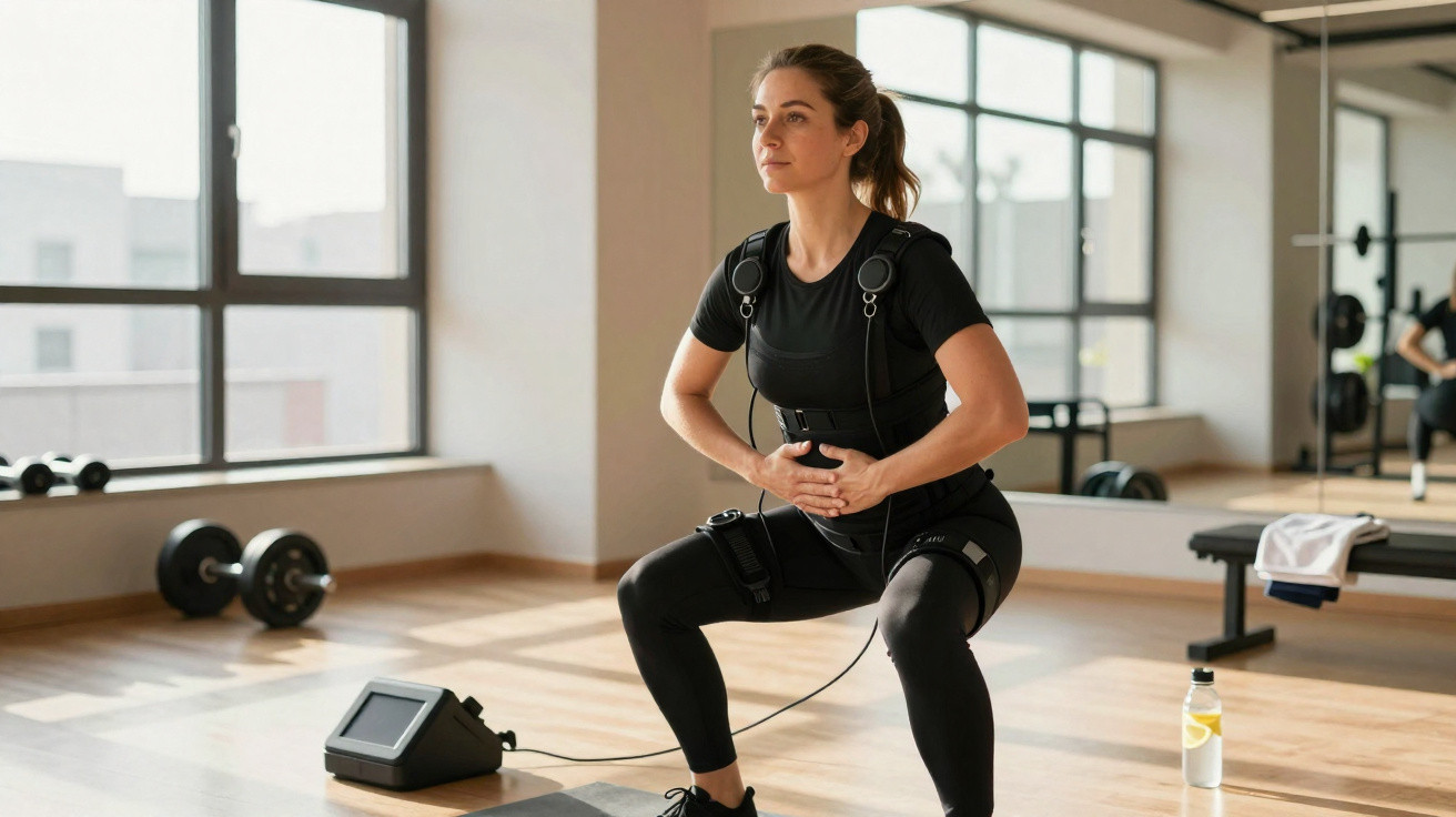 Mulher a fazer exercício EMS numa sala de fitness com luz natural, usando fato preto e aparelho conectado.