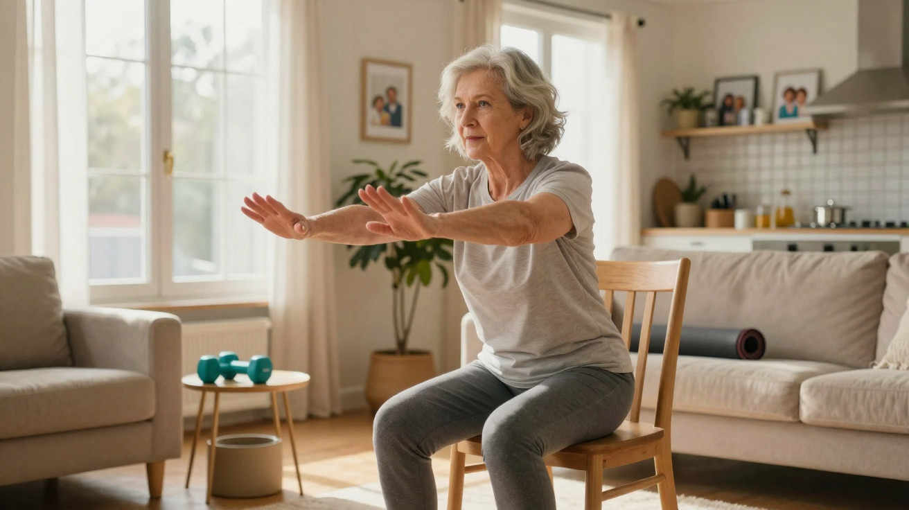 Mulher sénior a fazer exercício de alongamento sentada numa cadeira numa sala iluminada e acolhedora.