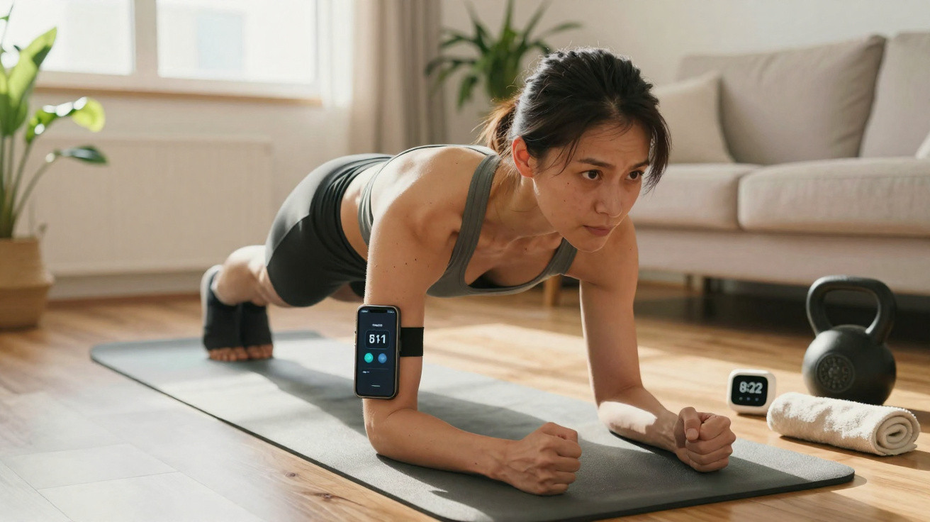 Mulher a fazer prancha com smartwatch no braço num tapete de yoga em sala com plantas e halteres.