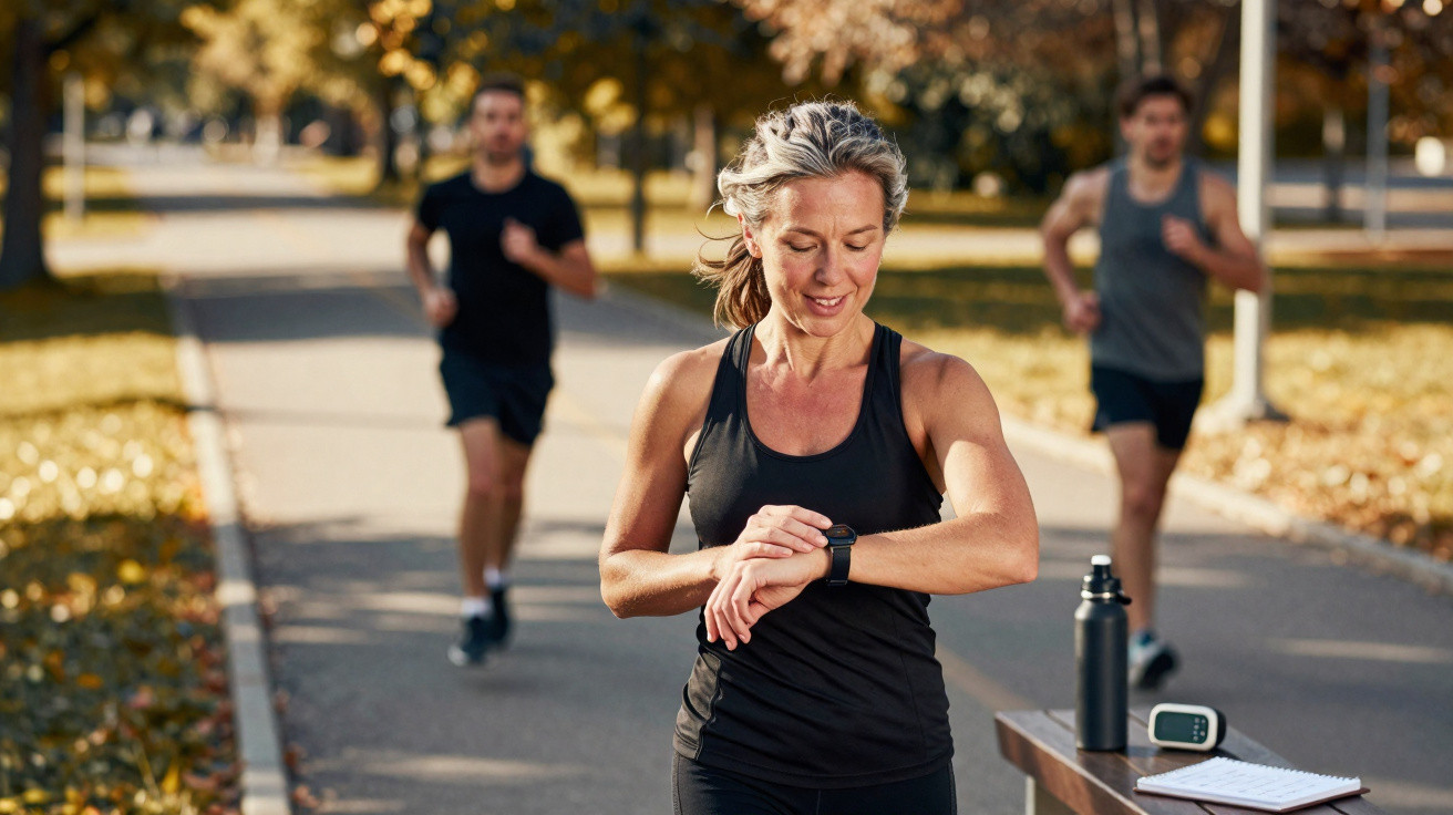 Mulher a correr num parque verifica o relógio desportivo, com dois homens a correr ao fundo em dia de sol.