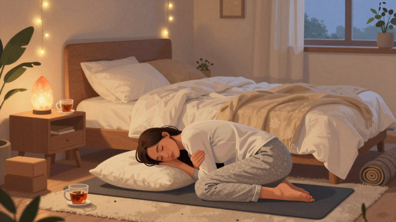 Mulher de pijama a dormir numa almofada no chão de um quarto acolhedor com luzes e chá.