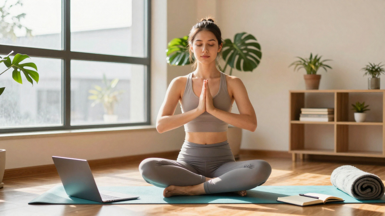 Mulher jovem a meditar em posição de lótus numa sala iluminada com laptop e livro ao lado.