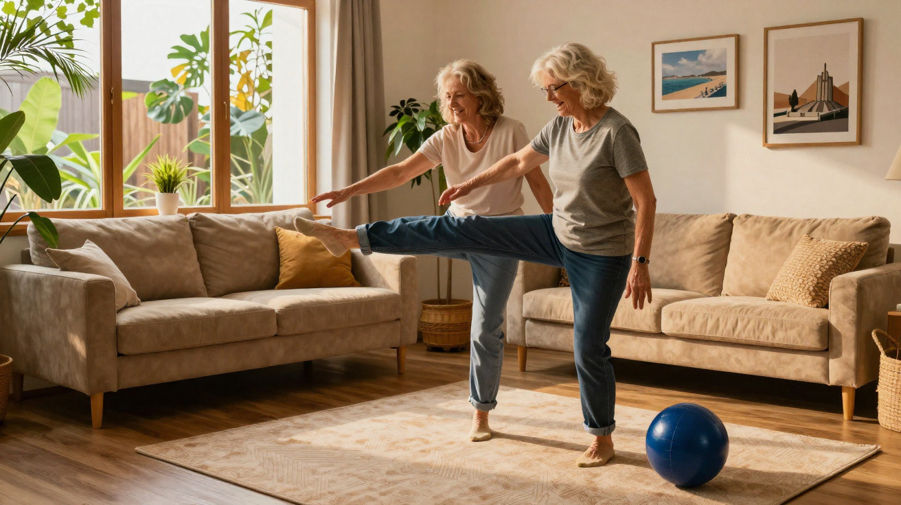 Duas senhoras fazem exercícios de alongamento em sala de estar luminosa com bola azul no chão.