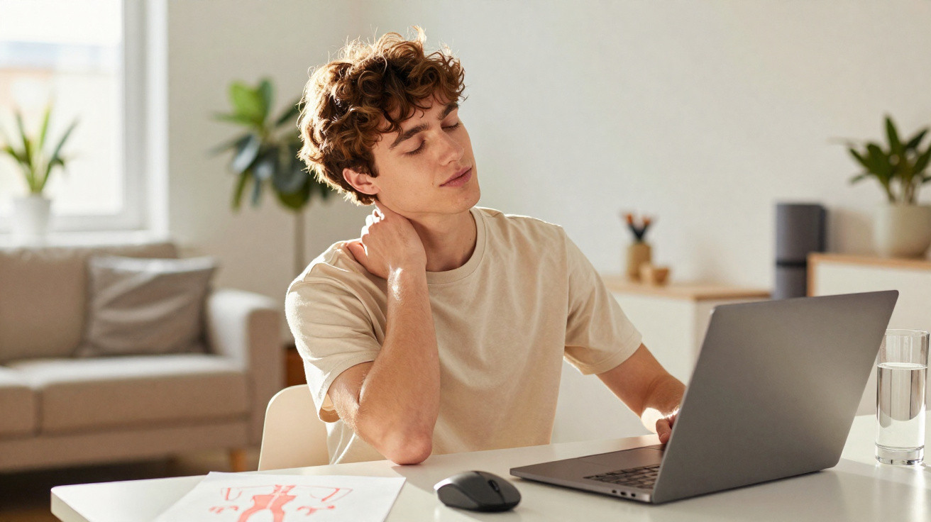Jovem sentado numa mesa com portátil, a massagear o pescoço, expressão de desconforto.
