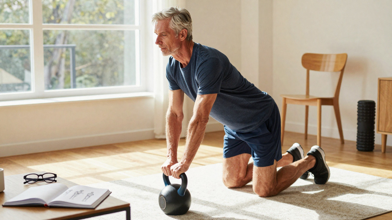 Homem de cabelos grisalhos a fazer exercício com kettlebell em casa, ajoelhado num tapete.