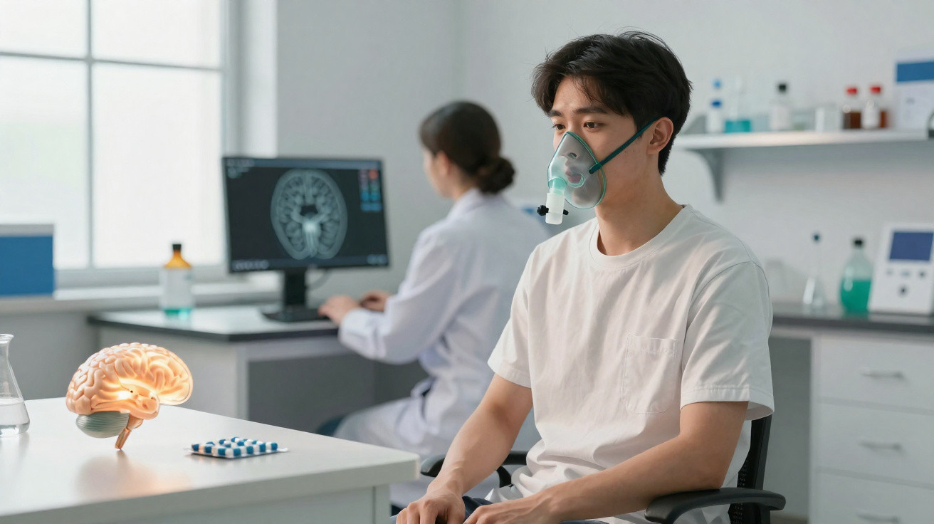 Homem com máscara de oxigénio sentado em laboratório com cientista e modelo de cérebro em mesa.