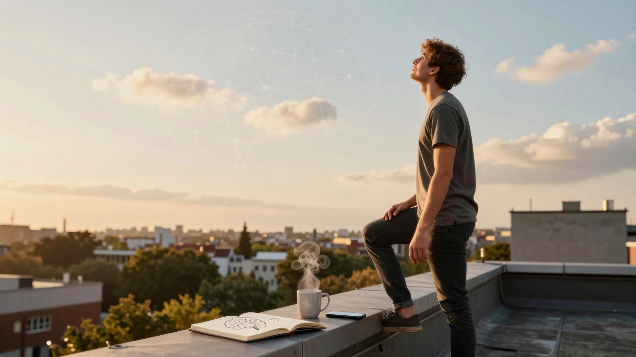 Homem contempla o céu ao pôr do sol num telhado com livro, chá e telemóvel ao lado.