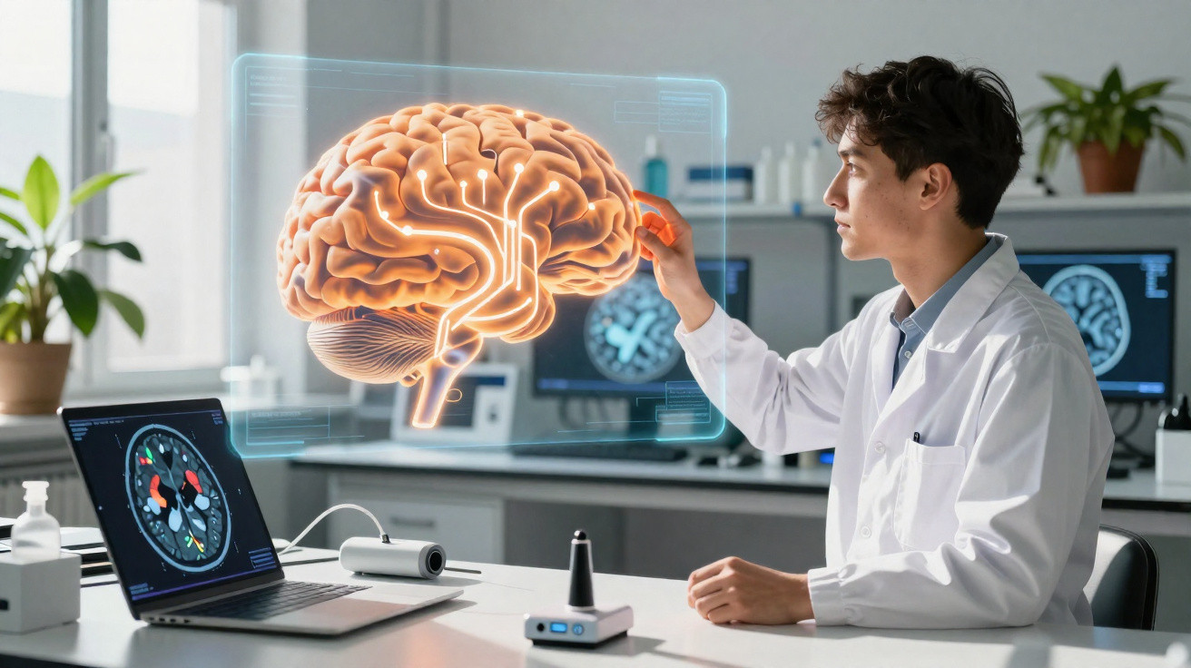 Investigador em laboratório interagindo com imagem holográfica de cérebro humano e análise em ecrãs.