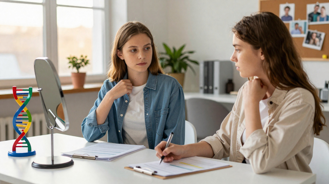 Duas jovens sentadas à mesa com documentos, no escritório, ao lado de um modelo de DNA e um espelho.