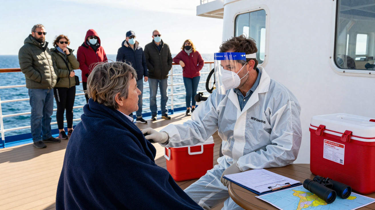 Profissional de saúde com equipamento de proteção a vacinar pessoa ao ar livre num barco, enquanto outros observam.