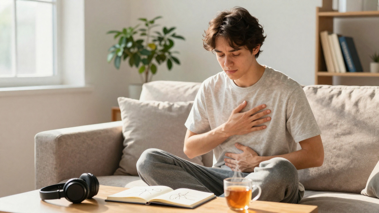 Jovem sentado no sofá com expressão de desconforto, segurando o peito e a barriga, ao lado de chá e caderno.
