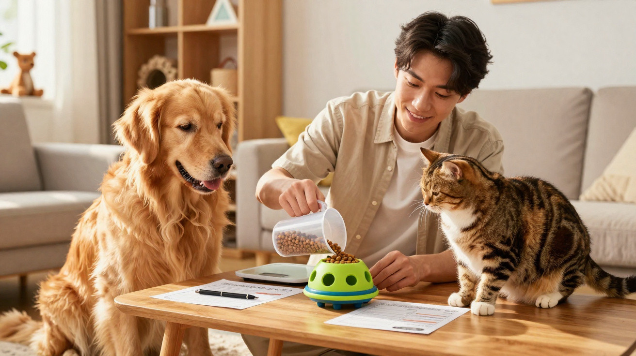 Homem a alimentar cão e gato com ração numa sala de estar moderna e confortável.